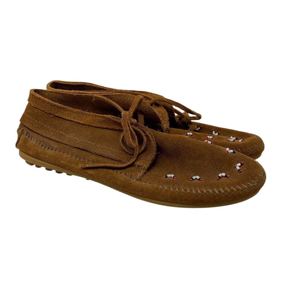 Minnetonka Shoes Womens 9 Brown Suede-Textured Beaded Whipstitch Lace Up Flat